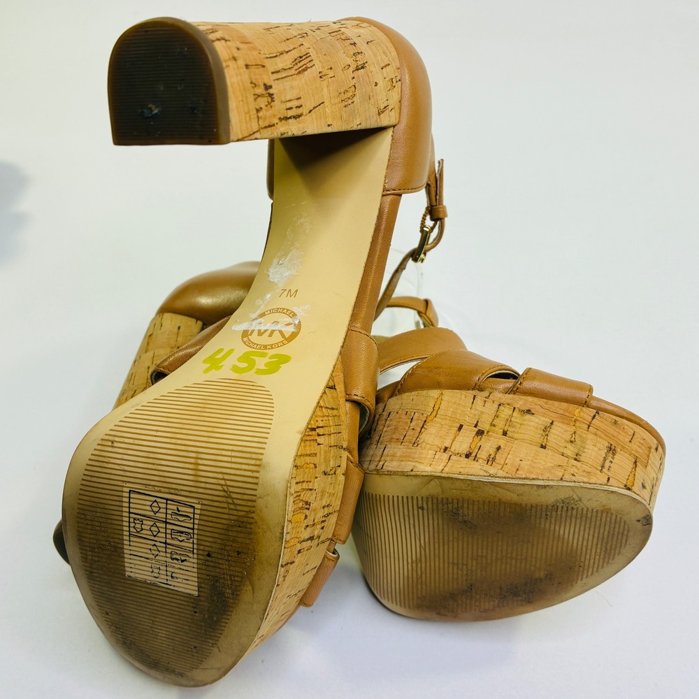 Michael Kors Camal Catalina Leather T-Strap Cork Platform Block Heel Sandals 7M - Picture 8 of 8